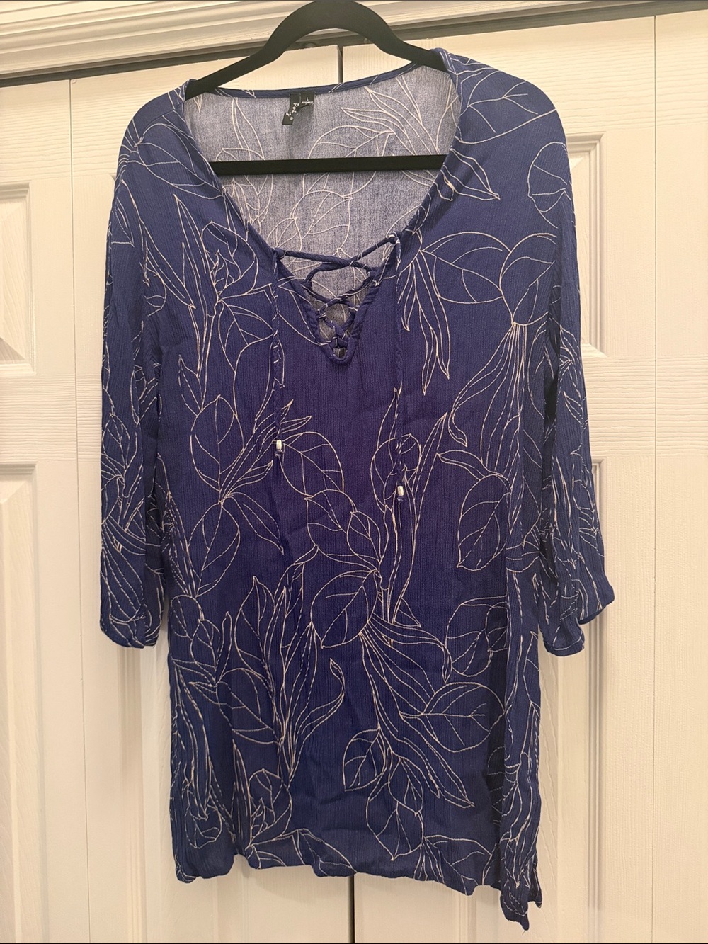 Women’s Navy Lace-Up Tunic Top with Leaf Print